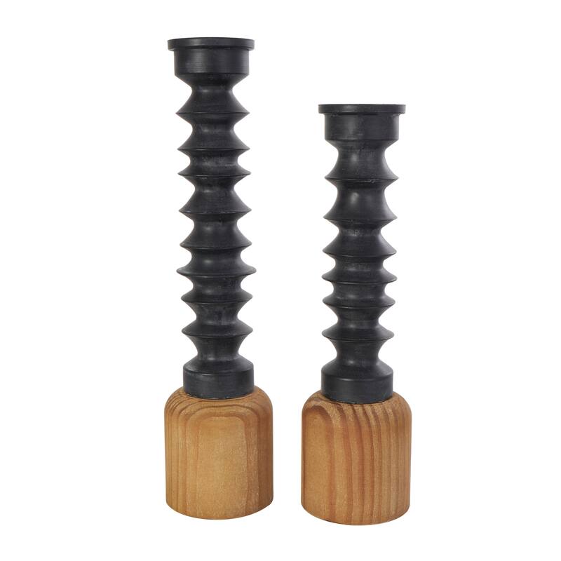 Black Metal Turned Style Candle Holder with Brown Wood Bases (Set of 2)