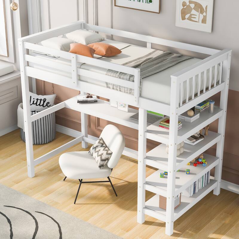 Full/Twin Size Loft Bed with Under-bed Desk & Storage Shelves, Space-Saving Design, Solid Pine Frame, No Box Spring Required