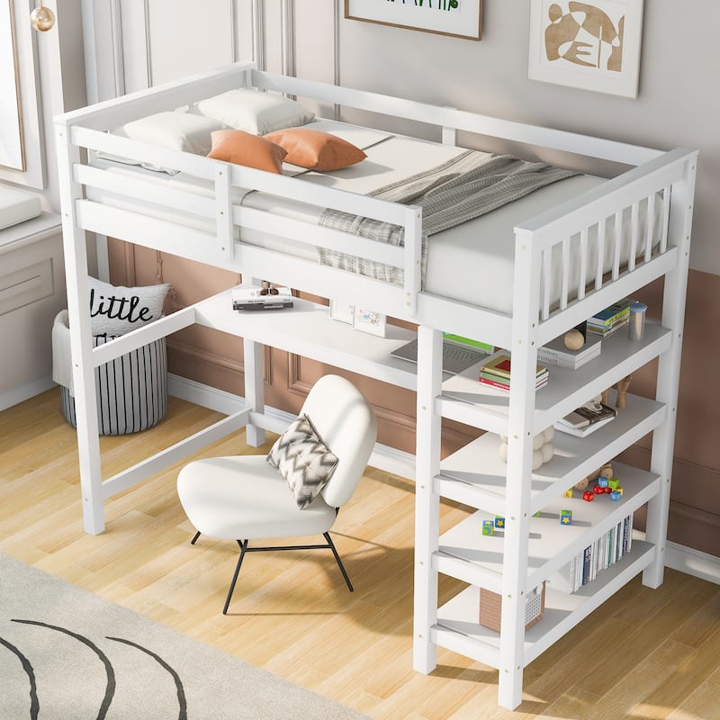 Solid Wood Loft Bed with Integrated Desk