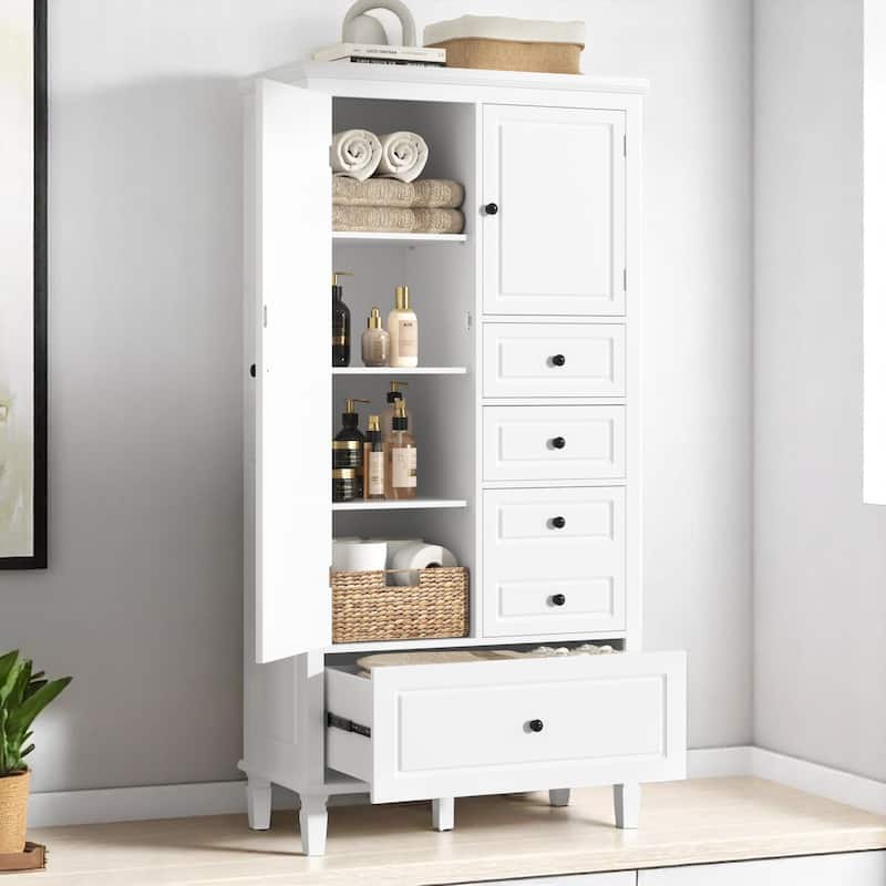 61.8'' White Storage Cabinet with 4 Drawers & 2 Doors, Adjustable Shelves, Solid Wood & MDF for Bathroom or Office