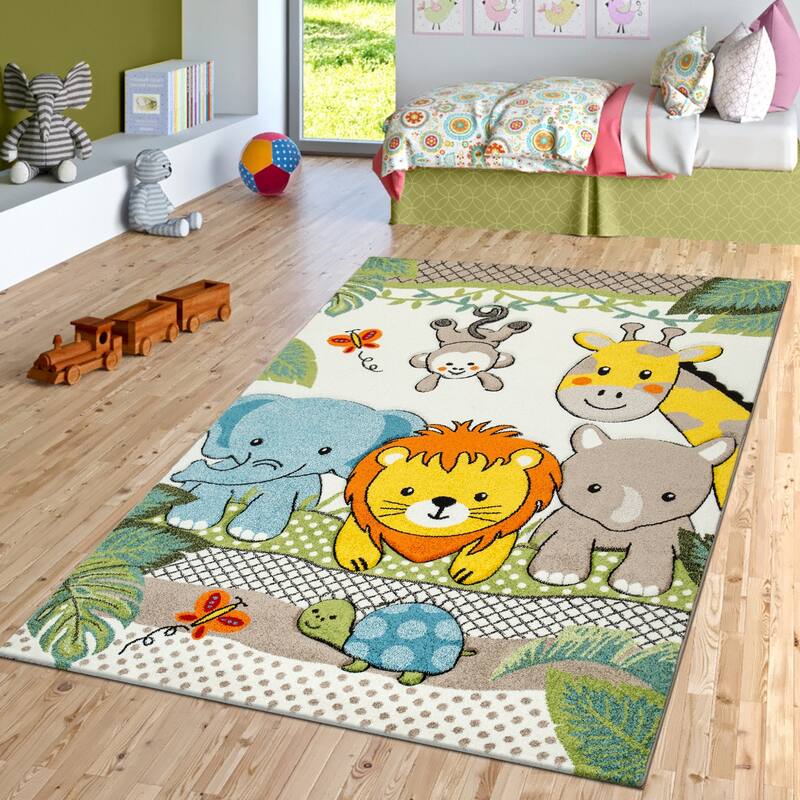Kids Room Rug Cute Zoo Animals Jungle in 3D Effect for Nursery - 4'7" x 6'7"