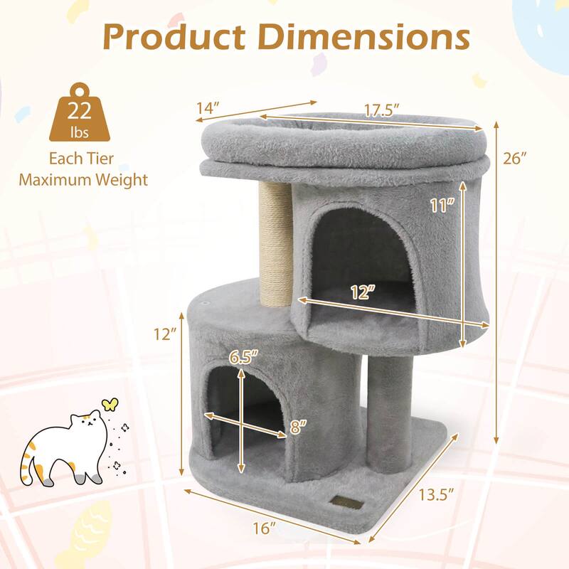 Costway 26” Small Cat Tree with Large Padded Plush Perch, 2 Condos, - See Details