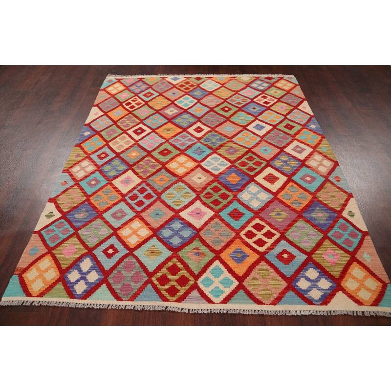 Geometric Kilim Oriental Home Decor Area Rug Wool Hand-woven - 5'2" x 6'4"