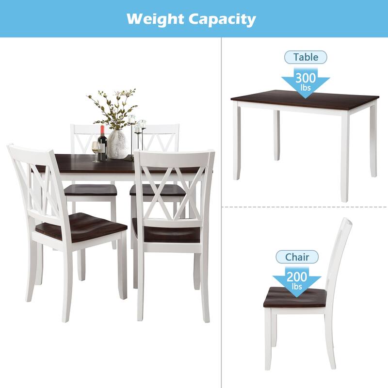 Roomfitters 5-Piece Dining Table Set, Rectangular Wood Kitchen Table and 4 X-back Chairs, Transitional Style