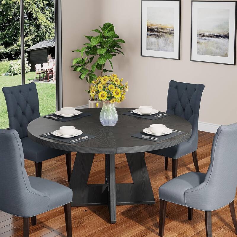 47" Round Wood Dining Table 4-Seater Farmhouse with Wooden Tabletop Cross Base for Dining Room/Kitchen