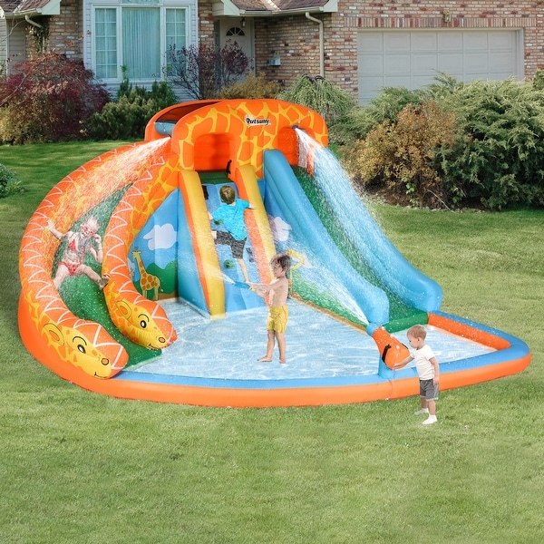 Outsunny Giraffe Style 4-in-1 Kids Inflatable Bounce House Jumping Castle with 2 Slides, Climbing Wall, Pool Area, & Water Gun. Opens flyout.