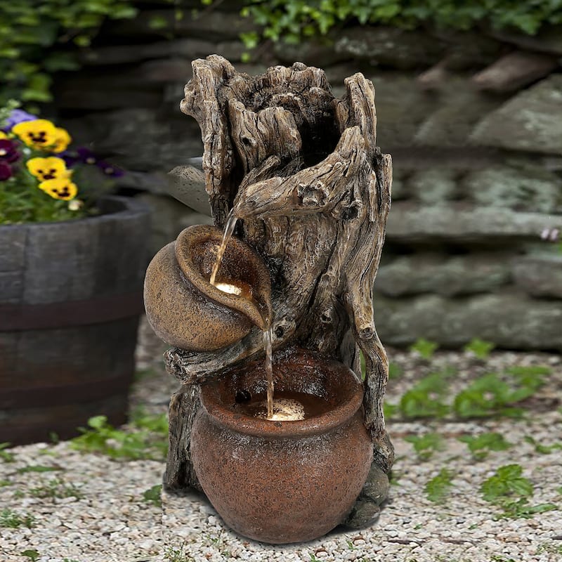 Brown Resin Tree Farmhouse Pots Outdoor Water Fountain with Lights