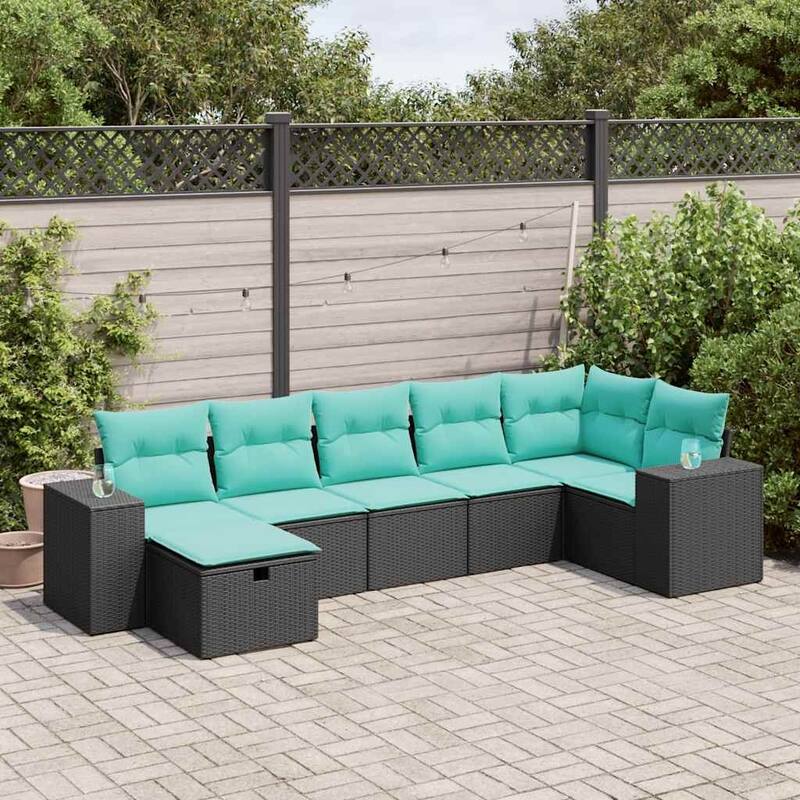 vidaXL 7 Piece Patio Sofa Set with Cushions Black Poly Rattan - 21.7 x 24.4 x 27.2 - Black-with storage - 7-piece arrangement