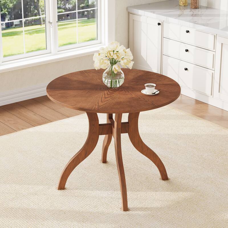 Dining Table Set with Round Table & 2 Chairs, Wood Kitchen Set with Inlaid Tabletop & Elegant Curved Legs