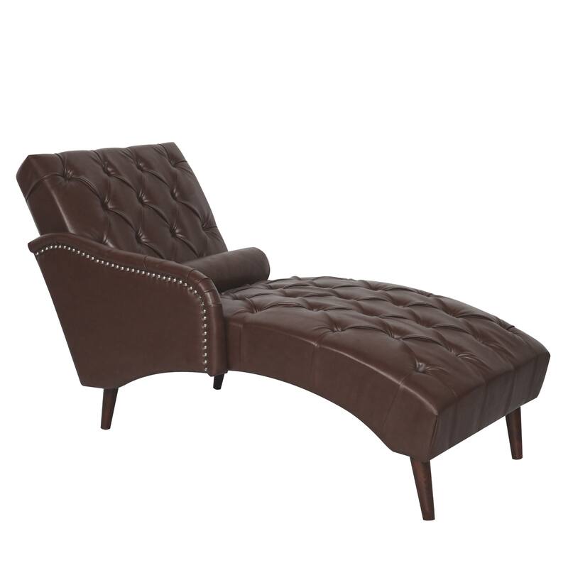 Faux Leather Chaise Lounge Chair with Pillow and Solid Wood Legs, Tufted Upholstered Accent Lounge Chair with Arm