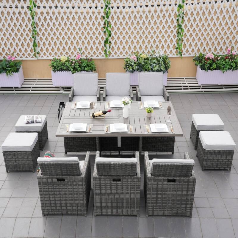 11-Piece Patio Wicker Aluminum Dining Table Set w/ Chairs and Ottomans