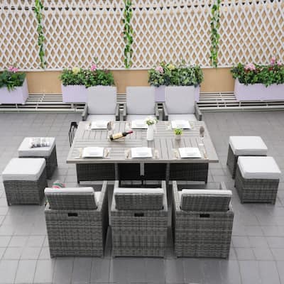 11-Piece Patio Wicker Aluminum Dining Table Set w/ Chairs and Ottomans