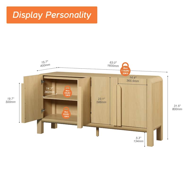 WAMPAT 63" Modern TV Stand With Storage, Entertainment Center With Adjustable Shelves,Wooden TV Console With 4 Doors