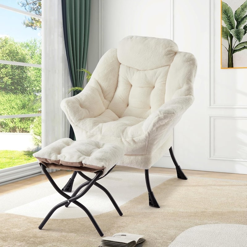 Lazy Chair with Ottoman, Modern Lounge Accent Chair, Leisure Sofa Armchair with Footrest - Beige