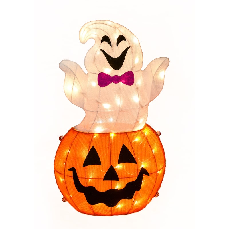 National Tree Company Halloween Pre Lit Lawn Decoration, White, Pumpkin and Ghost, LED Lights, Plug In, 2 Feet