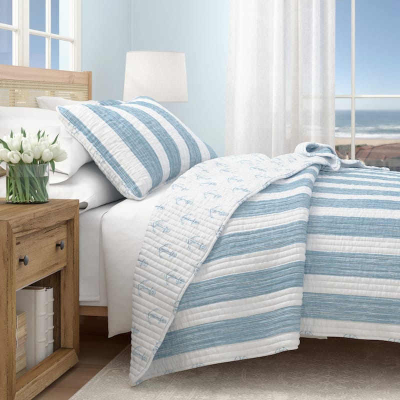 Linery & Co. Stripes & Anchors Microfiber Quilt Set With Shams - Blue - Queen