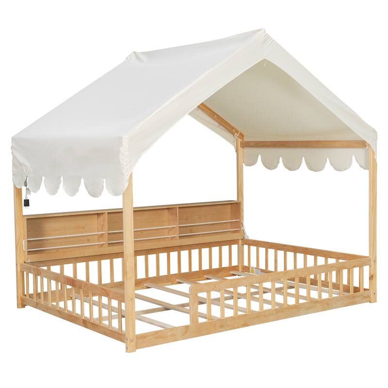 GDFStudio - Solid Wood Full Size House Floor Bed with Storage Shelves and LED