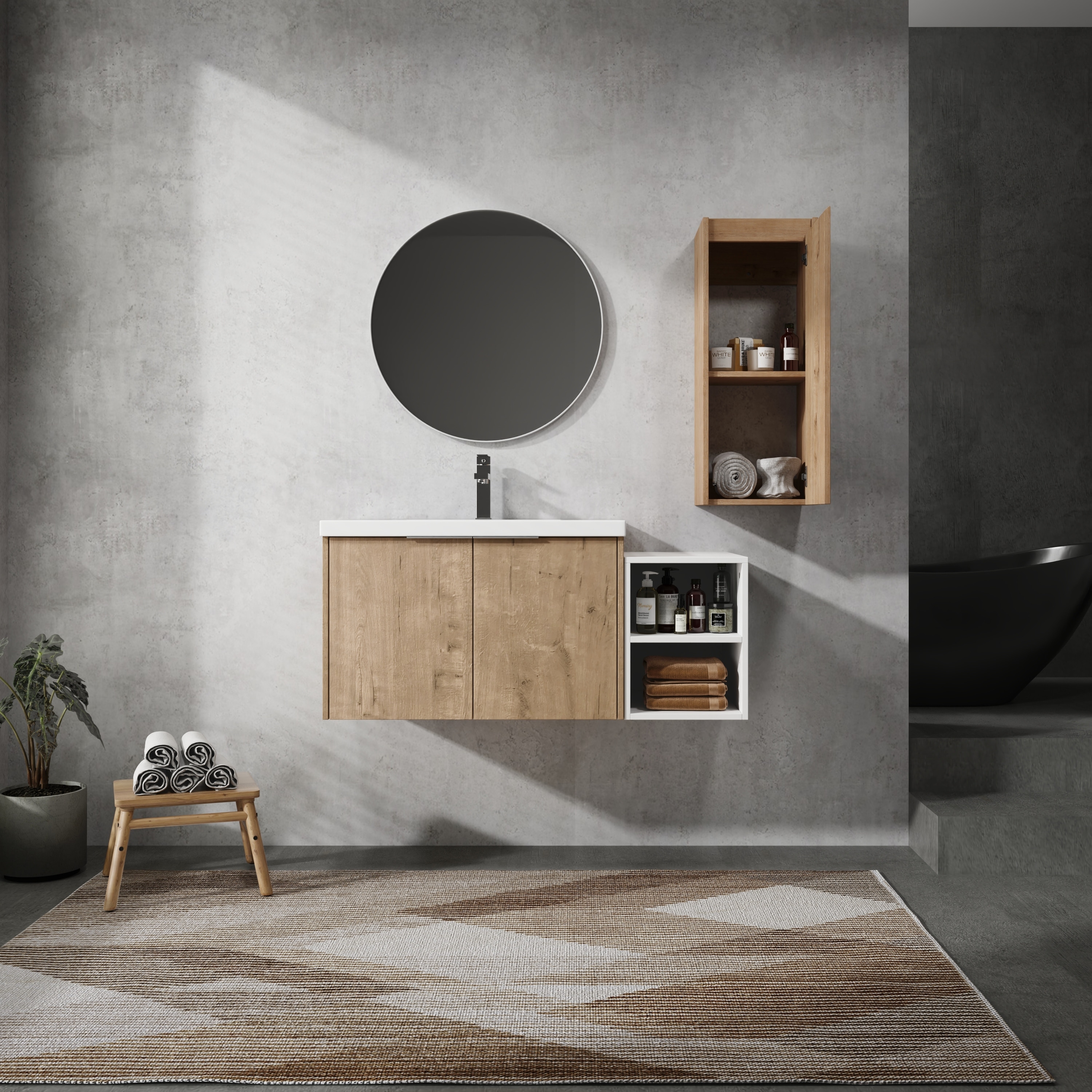 Wall-Mounted Bathroom Vanity With Resin Sink and Side Cabinet,Combination Cabinet