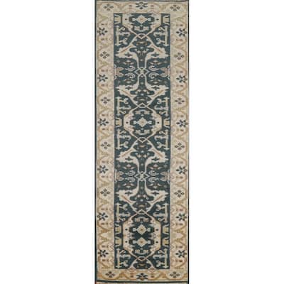Handamde Green Oushak Oriental Runner Rug Hand-Knotted Wool Carpet - 2'7"x 9'8"