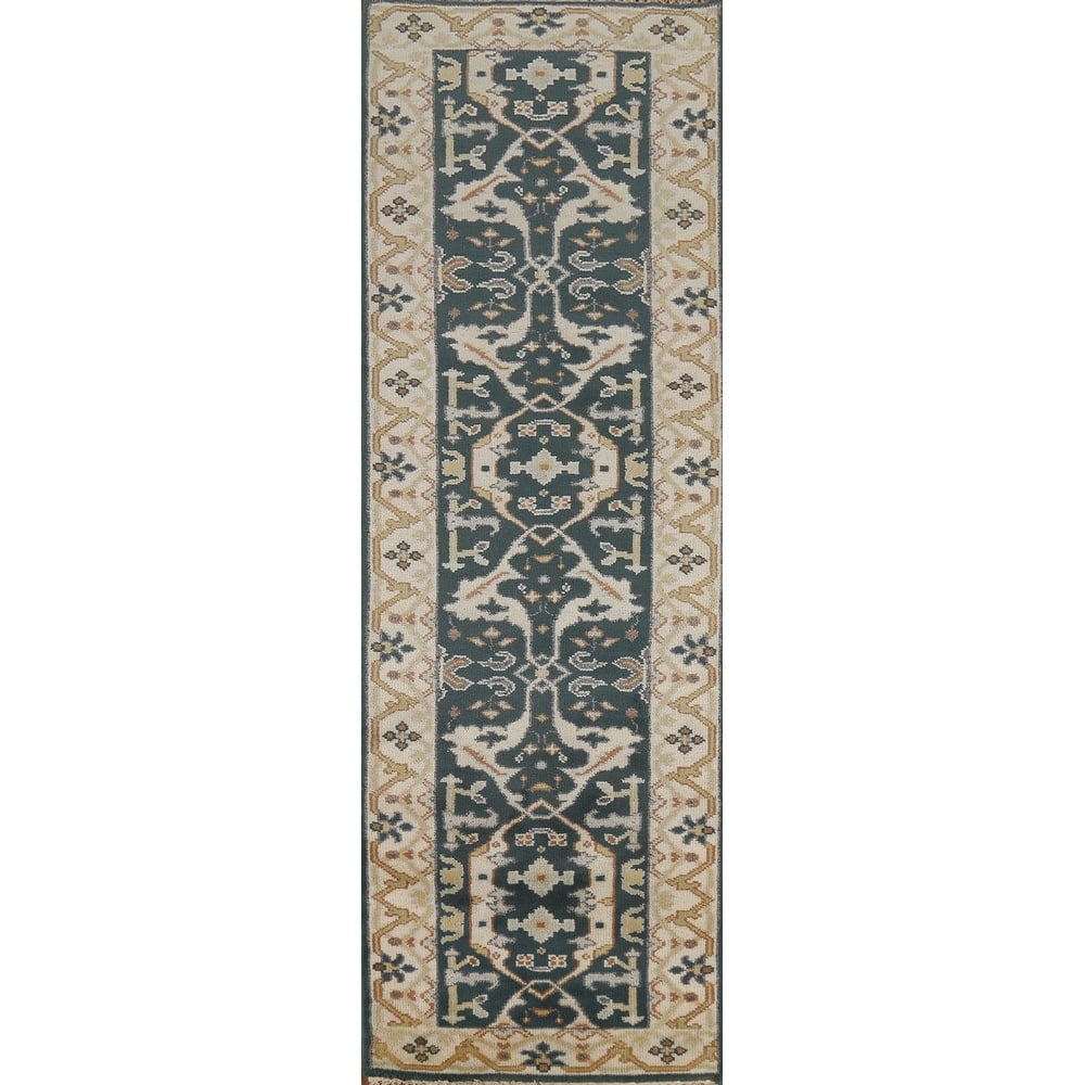 Handamde Green Oushak Oriental Runner Rug Hand-Knotted Wool Carpet - 2'7"x 9'8"