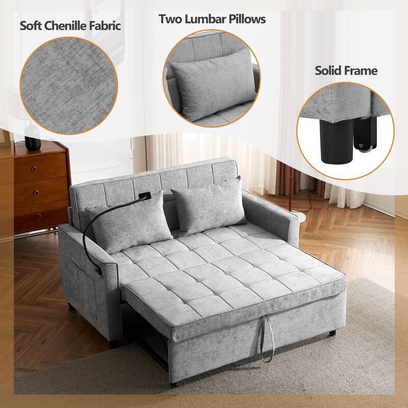 3 in 1 Convertible Sleeper Sofa Bed, Loveseat with Side Pockets and USB Ports, Futon Sofa Bed with Reversible Back