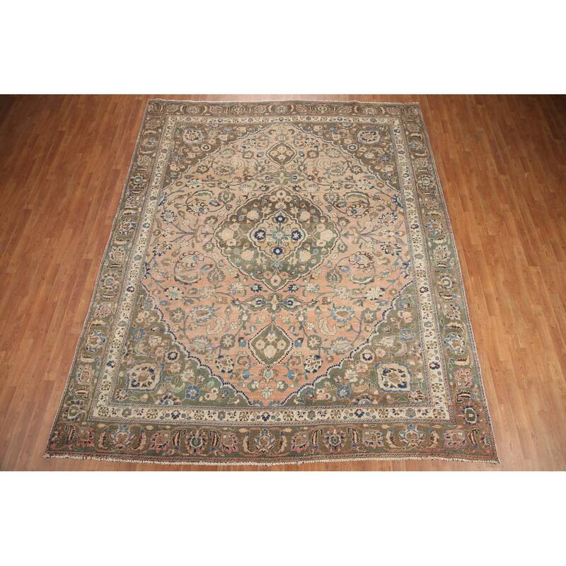 Hand Knotted Oriental 100% Wool Carpet Traditional Floral Coral Mashad Area Rug - 11' 4'' X 10' 3''
