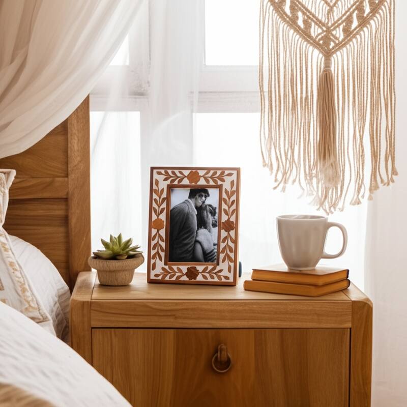 Wood Glass Decorative Photo Frame Handcrafted Boho for Home Display - Tan - 6.5" x 0.75" x 8.5"