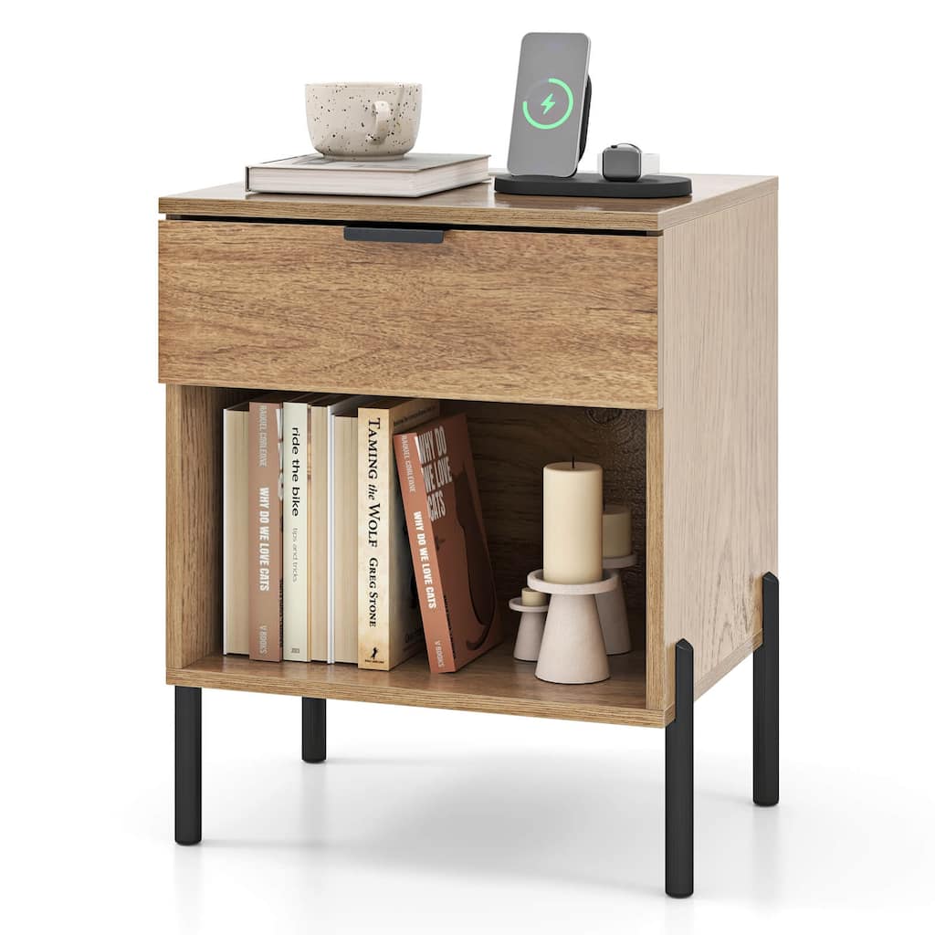 Costway Nightstand with Charging Station Drawer Compartment Modern