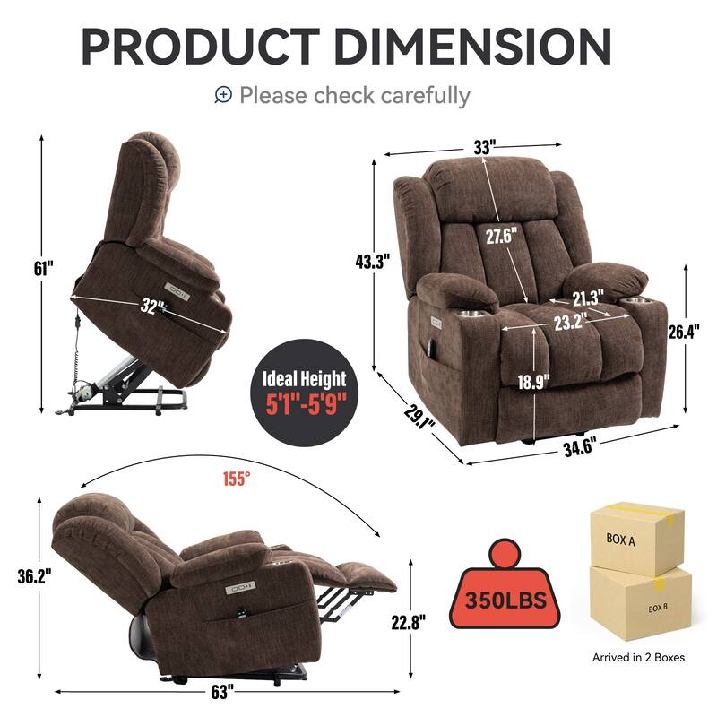 Chenille Power Lift Recliner 8 Point Vibration Massage Chair with Waist Heating, USB Ports and Stainless Steel Cup Holder