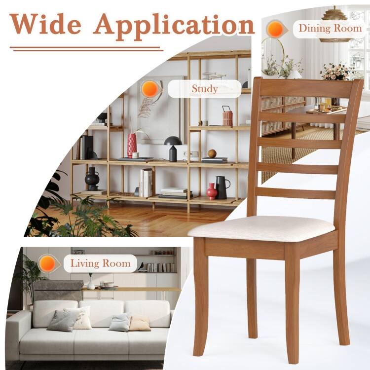 Beige Rubber Wood Kitchen Chairs Set of 2 with Slat Back and Cushioned Seats - 17.5" x 22" x 38"