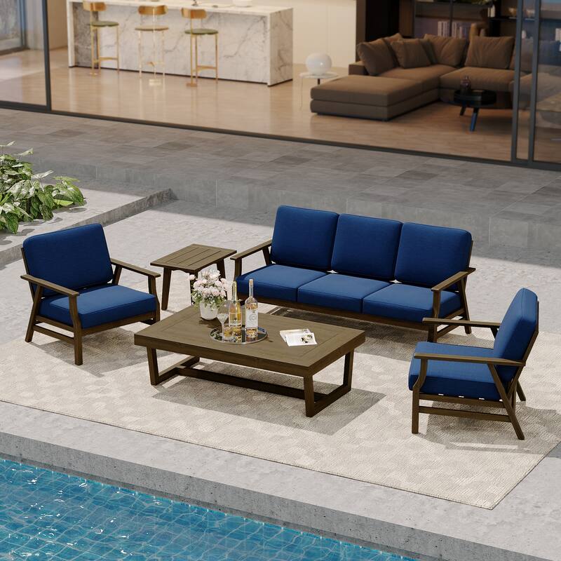 Modern Wood Cushioned Outdoor Patio Sofa Loveseat with Coffee Table - Sofa Set - Navy