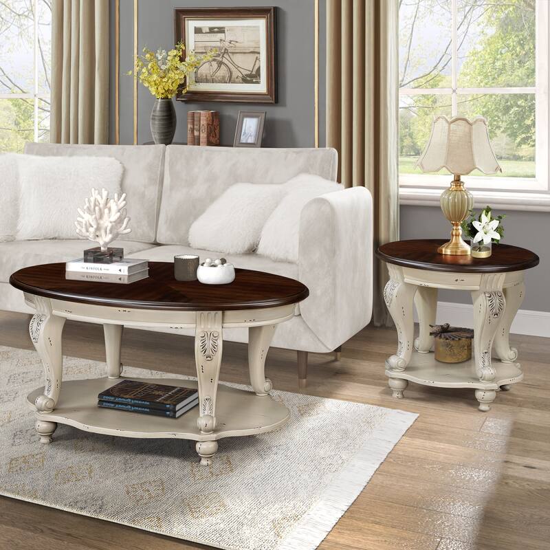 42" Oval Wood Coffee Table for Living Room,2-Tier Solid Wood Cocktail Table with Open Storage Shelf, Easy Assembly