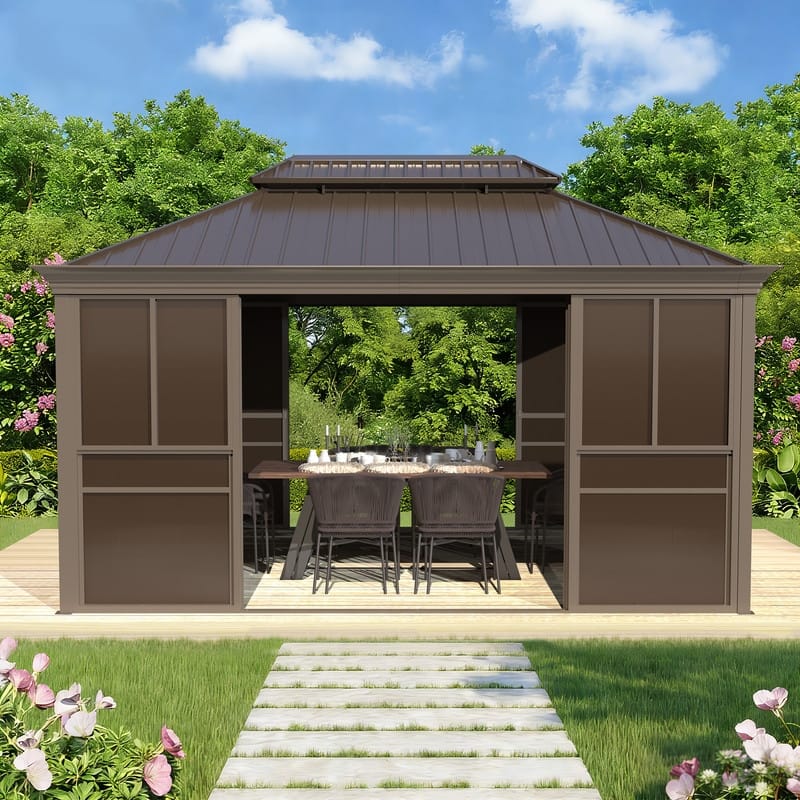 Hardtop Sunroom with Double Steel Roof, Sliding/Lockable Doors & Screens - All-Season Rustproof Aluminum Frame,Advanced Drainage - 12'x14'