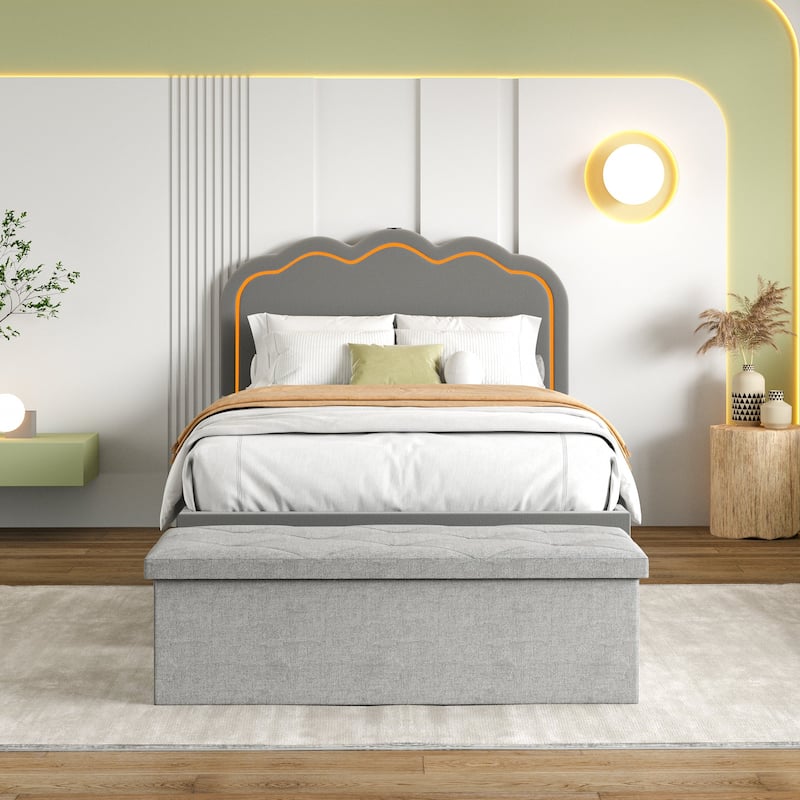 VECELO Upholstered Bed Frames with Headboard & LED Lights and Storage Ottoman (Set of 2),Bedroom Set