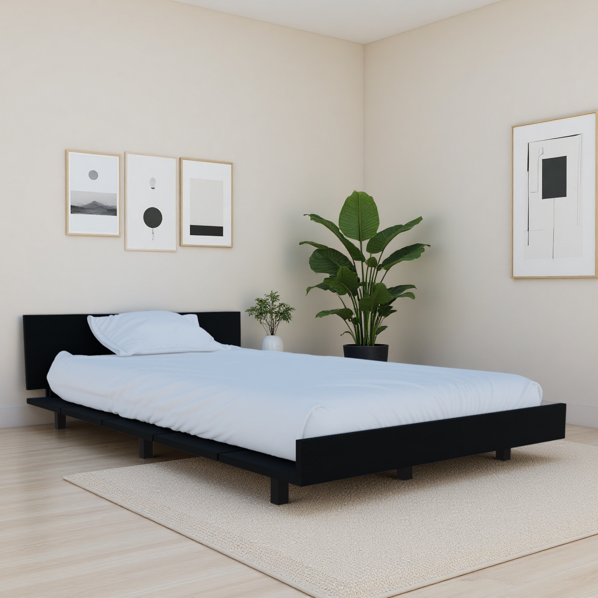 Twin Size Panel Bed Base with Headboard and Slatted Support