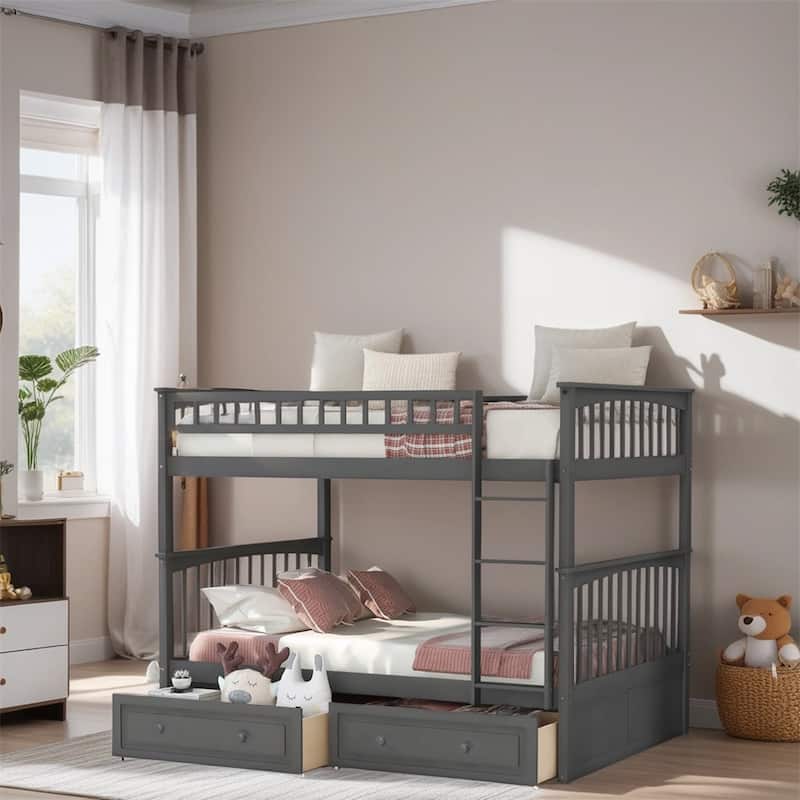 Full Over Full Wood Bunk Bed with Drawers and Guardrail