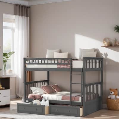 Full Over Full Wood Bunk Bed with Drawers and Guardrail