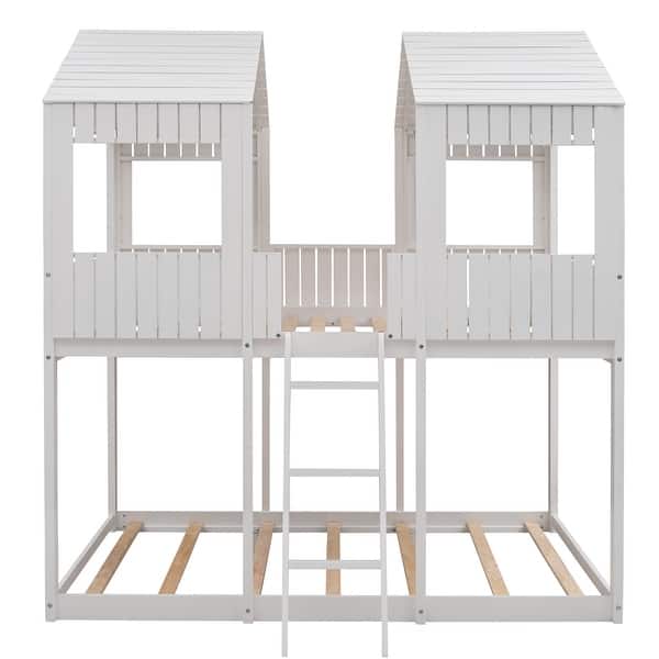 slide 2 of 28, Full Over Full Wood Bunk Bed with Roof, Window & Guardrails - Fun Design White