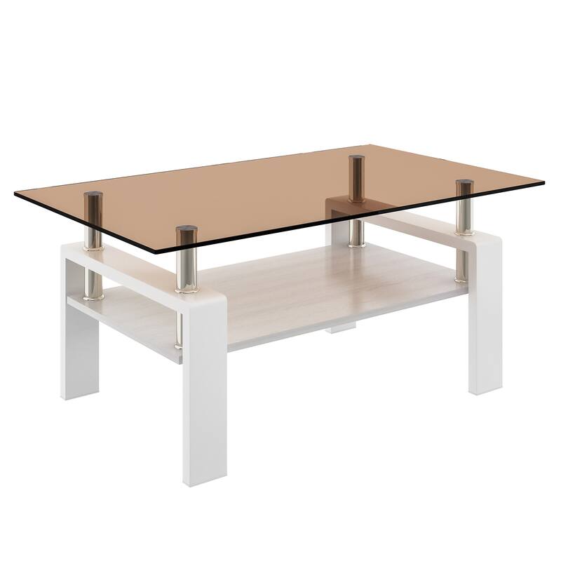 Rectangle Coffee Table, Tempered Glass Tabletop with MDF Layer, Modern Table for Living Room, Brown Glass