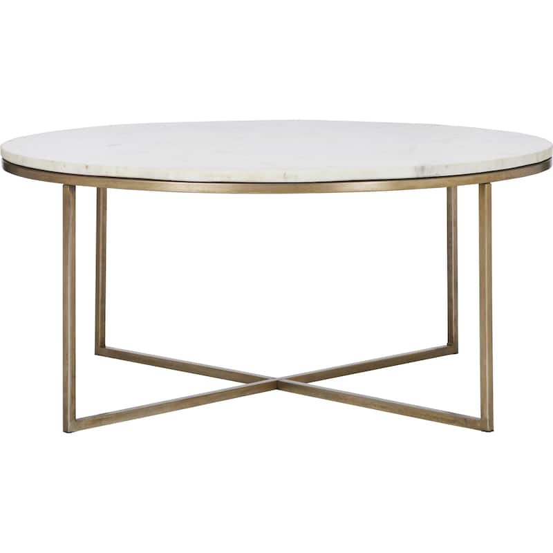 Round Coffee Table with Marble Top - 35" - Antique Brass and White