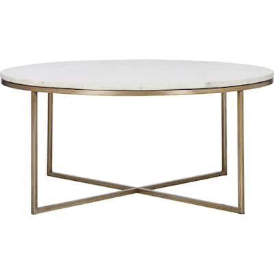 Round Coffee Table with Marble Top - 35" - Antique Brass and White