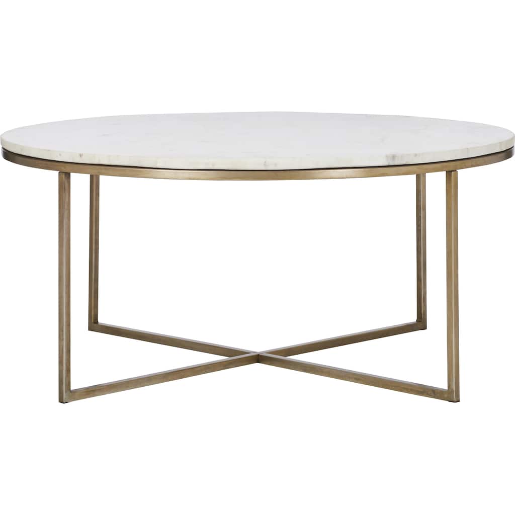 Round Coffee Table with Marble Top - 35" - Antique Brass and White