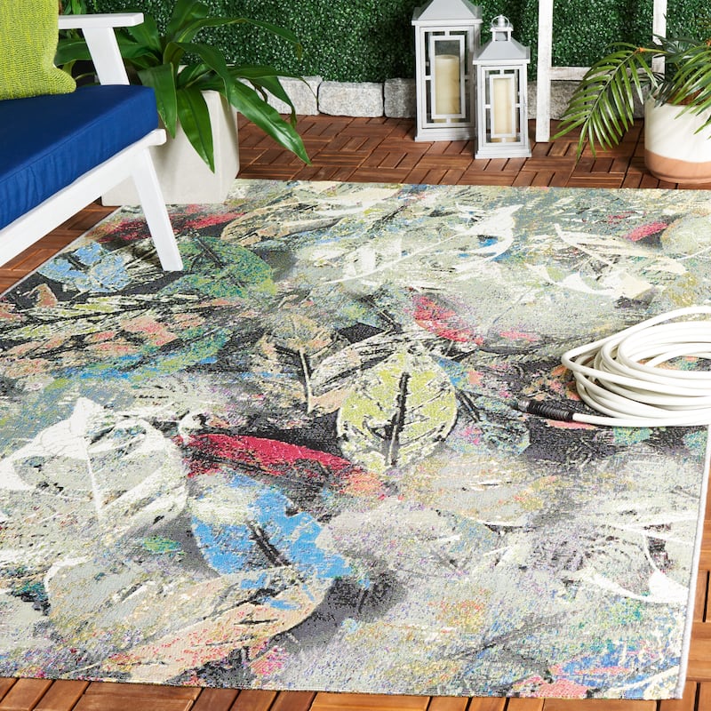 SAFAVIEH Barbados Hilka Tropical Botanical Waterproof Patio Backyard Rug - 5'3" x 7'6" - Black Green/Pink