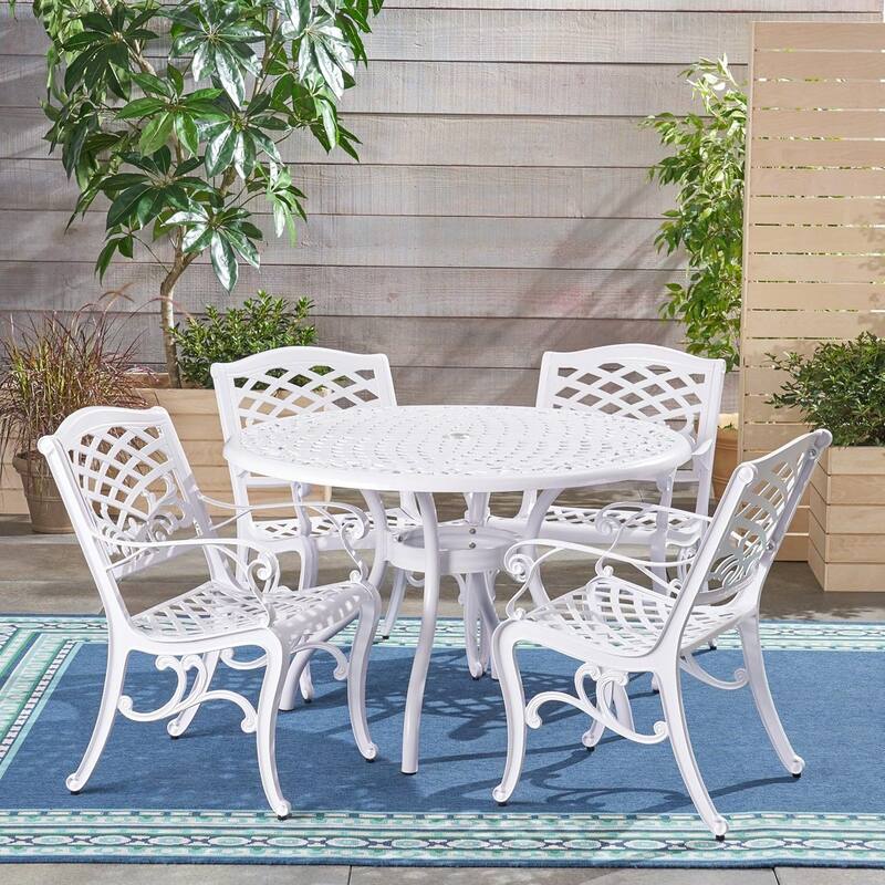Dieter 4-Person White Aluminum Patio Set - Round Dining Table with Lattice Scrollwork