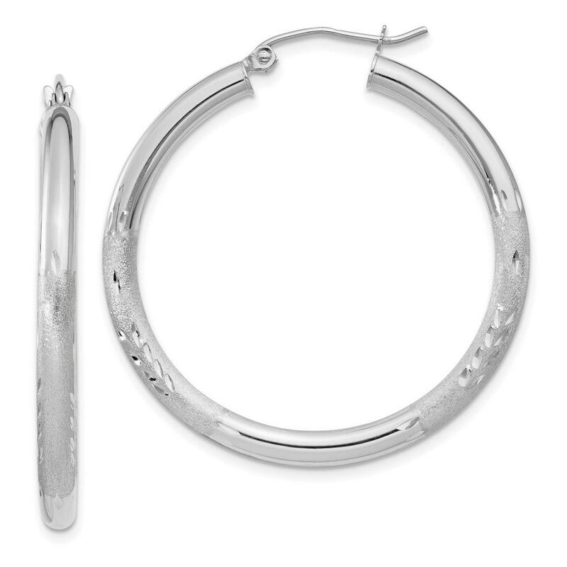 Curata 10k White Gold 3mm Satin and Diamond Cut Round Hoop Earrings - 14mm 16mm 20mm 25mm 30mm 35mm 40mm