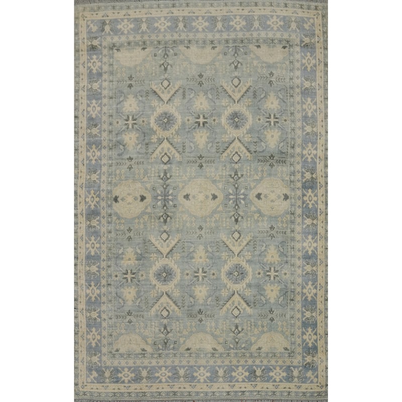 Hand-knotted Transitional Silk Carpet Blue Oushak Rug Geometric Oriental Area Rug - 7' 11'' X 5' 6''