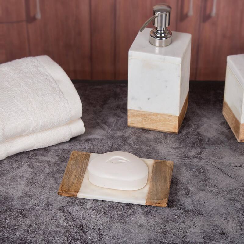 Creative Home Off-White Marble and Mango Wood Soap Dish, Soap Tray, Soap Holder