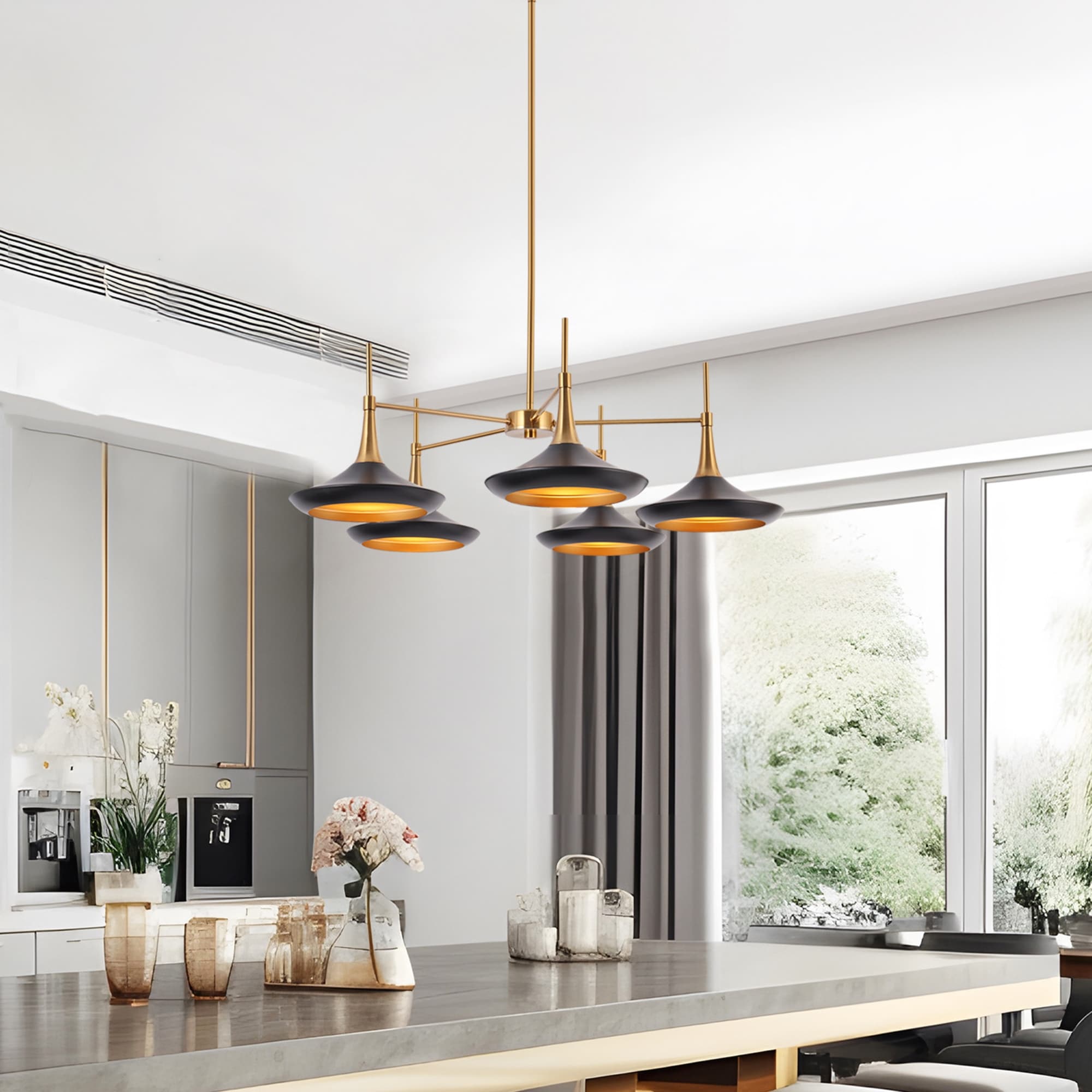 Conia Mid-Century Modern Black 5-Light Wheel Chandelier for