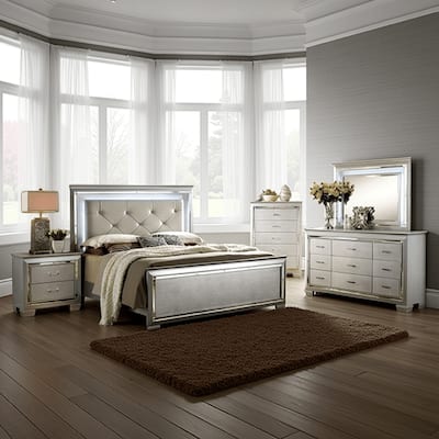 Kae 4 Pc California King Bedroom Set, LED and Mirror Trim, Champagne Silver