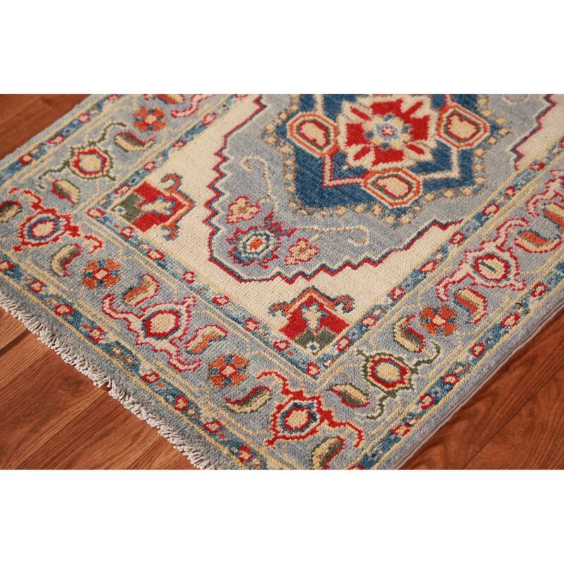 Traditional Kazak Oriental Rug Hand-Knotted Blue Wool Carpet - 2'0"x 3'0"